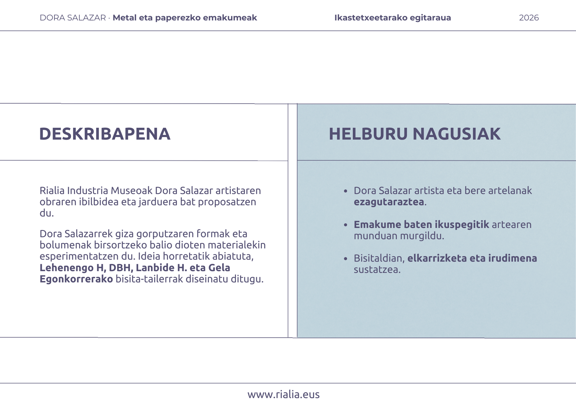 Ikastetxeetarako bisita – tailerrak. DORA SALAZAR. Metal eta paperezko emakumeak_2